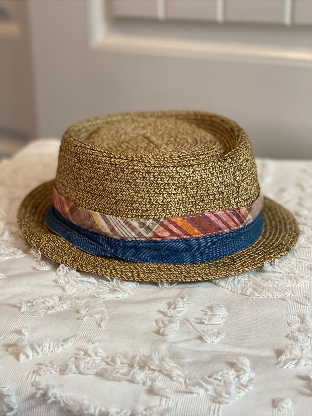 Cooperative Brown Straw Trilby with Plaid & Blue Denim Band